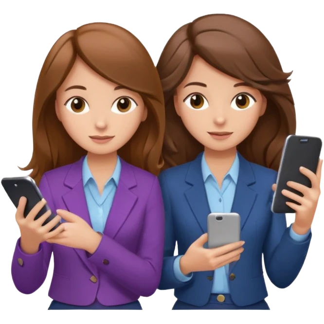 two brown haired girls, looking professional maybe leaned back on back and looking forward and using phones, with longer hair and with some cute clothes without ties, blowout hair, one girl can hold lap top athoer one can hold the phone emoji