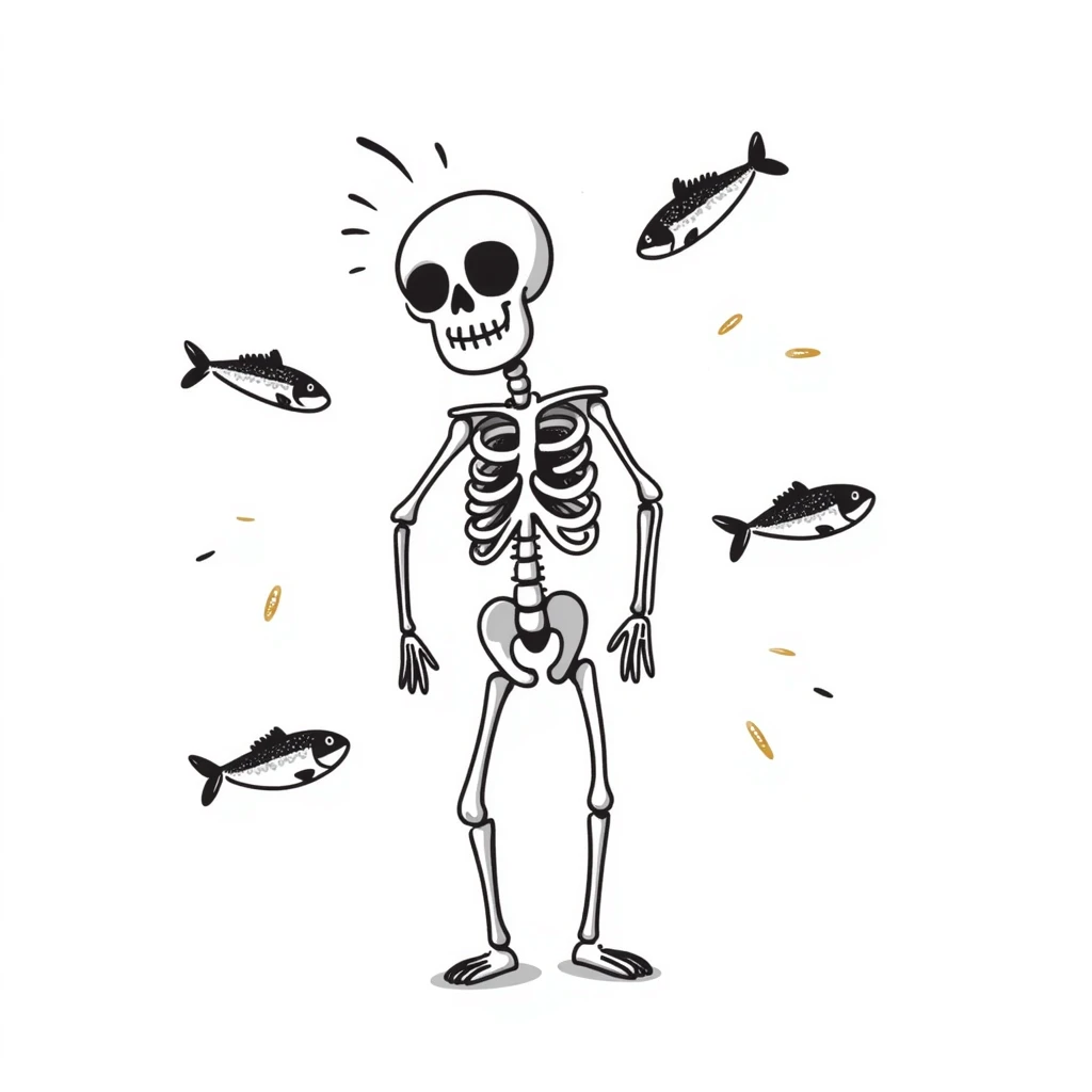 Ethereal skeleton in firm posture with floating sardines, bright yogurt, and golden sesame seeds around it, white light threads connecting the foods to the bones emoji