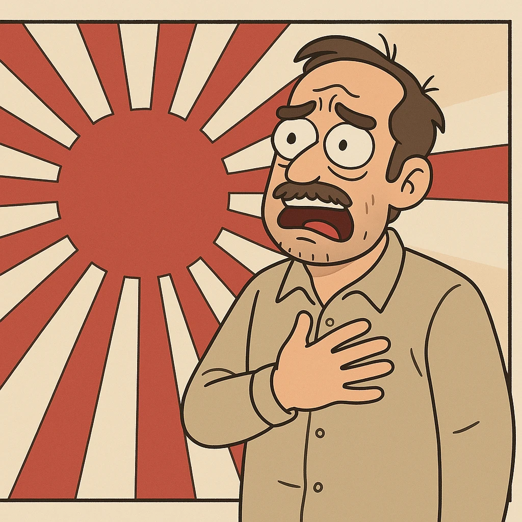 Japanese empire flag, red sun with rays, flat toon style emoji