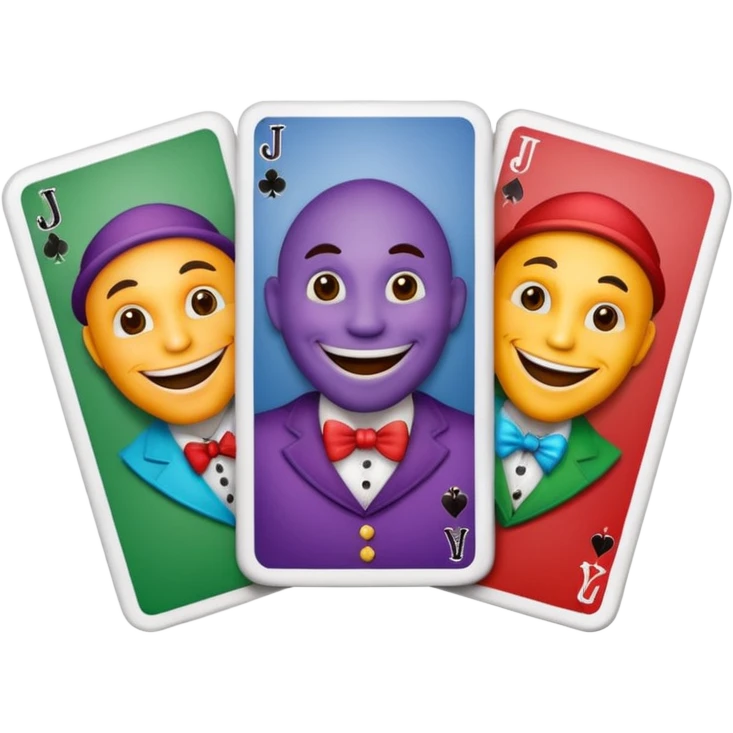 3 poker cards, with crazy colorful human jolly jokers inside emoji