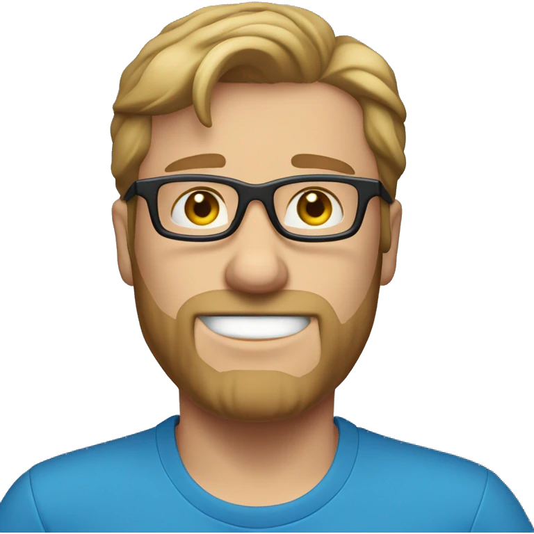 white guy with no beard, dark blond hair brad pit style square glasses blue eyes in laptop wearing blue t-shirt emoji
