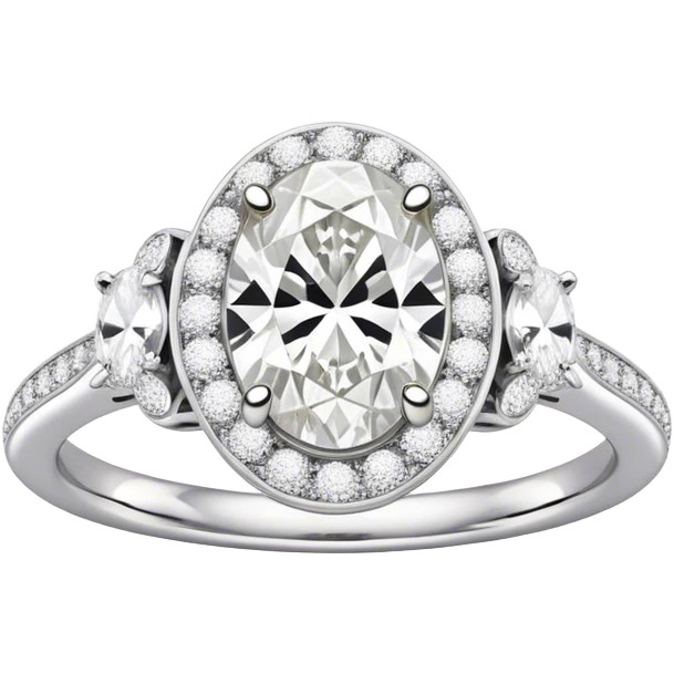 platinum oval diamond engagement ring with white diamond halo and white diamond band emoji
