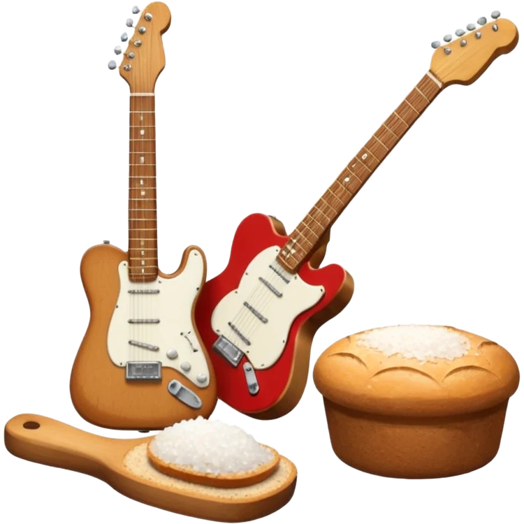 a bottle of salt (salt shaker) and a loaf of peasant bread with a small electric telecaster guitar - still life composition emoji