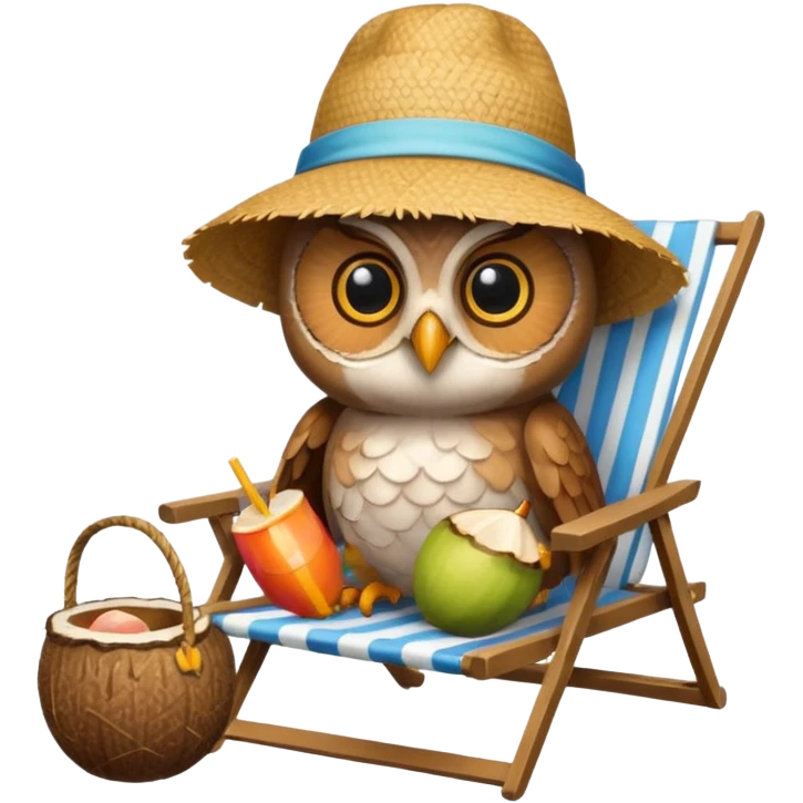 Сова в шезлонге с кокосом, загорает под пальмой, шляпа на голове emoji