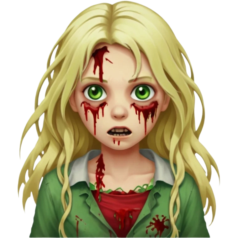 faça um emoji de um zumbi, uma menina loira com olho verdes, sangue, de terror, cabelo longo  emoji