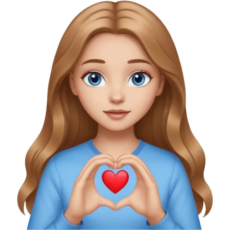 A girl with makeup, long light brown hair, blue eyes, gentle light doing a heart with her hands emoji