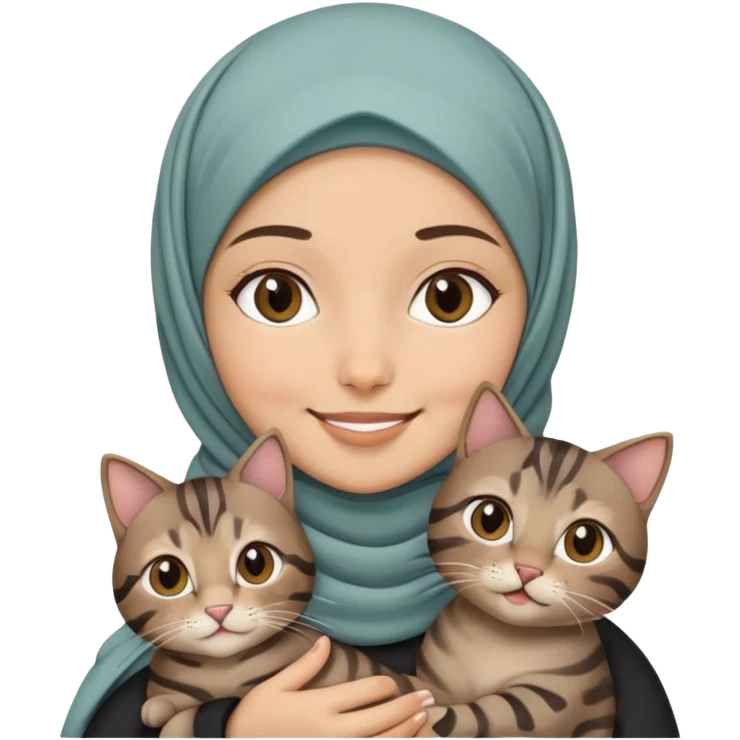 Girl wearing hijab smiling while holding a black brown grey tabby cat emoji