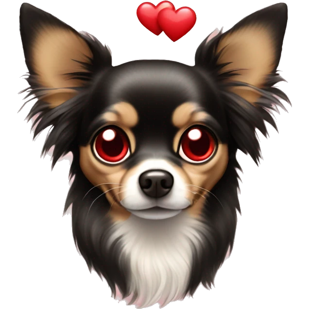 black and tan long-haired chihuahua with red heart covering each eye like love emoj emoji