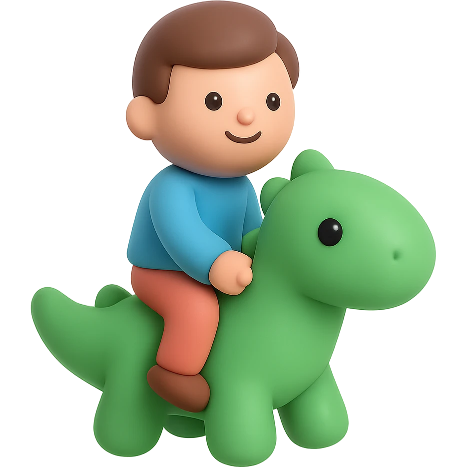 A man with short hair riding a cute green dinosaur emoji