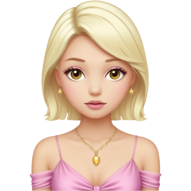 Girl with a platinum-blonde beauty with sleek, waist-length hair, flawless skin, fluttery lashes, and pouty lips-dressed in a sheer pink ruched top that ties in the center, glowing softly under the car lights with a dainty gold necklace completing her dreamy, doll-like look. emoji