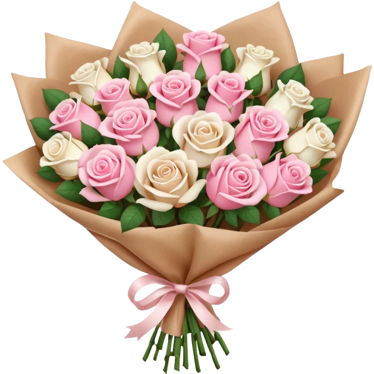 A brown paper-wrapped bouquet of pink and white fresh roses and baby’s breath emoji