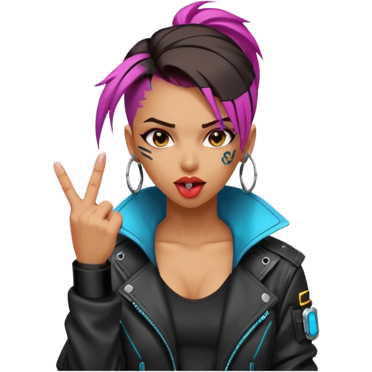 Woman with her tongue out in cyberpunk clothing and giving the middle finger. Looking naughty. emoji