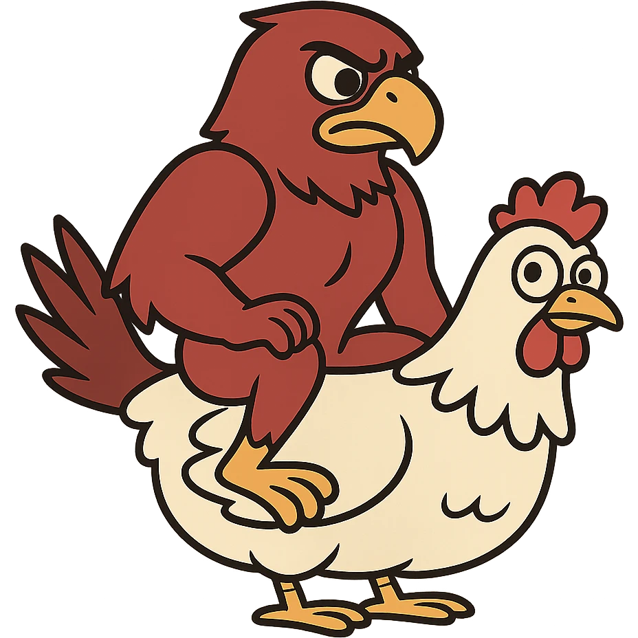 red hawk mascot sitting on a chicken emoji