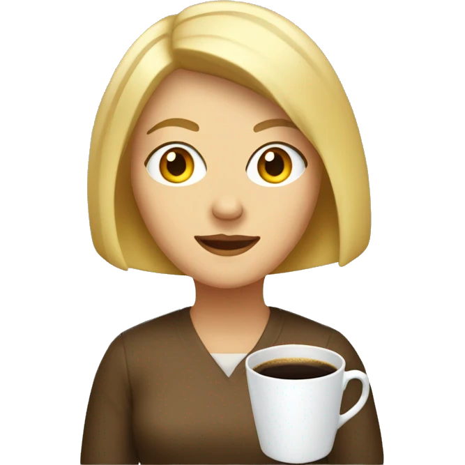 white woman with blonde bob parted in the middle, with a cup of coffee and a light bulb emoji