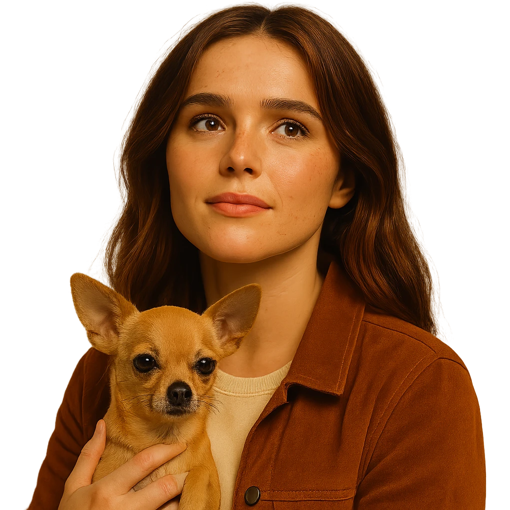 Portrait centered for Instagram profile picture, inspired by the facial features visible in the reference images, with a tanned complexion, subtle freckles, shirt color #FFF8CA, rust-colored jacket, medium-length brown hair with auburn highlights, admiring and inspired expression, holding a beige-brown chihuahua, Netflix series style, transparent background, intimate Tenerife ambiance. emoji