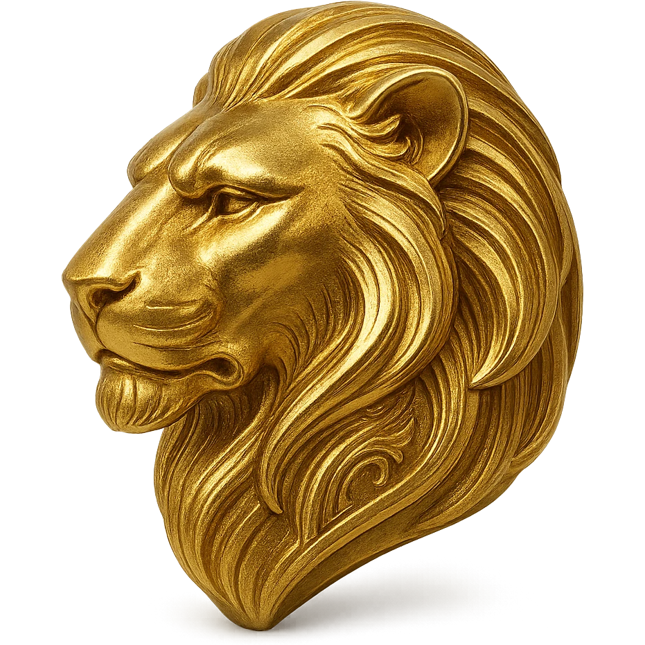 a gold lion head in profile, metallic sheen, bold and iconic emoji