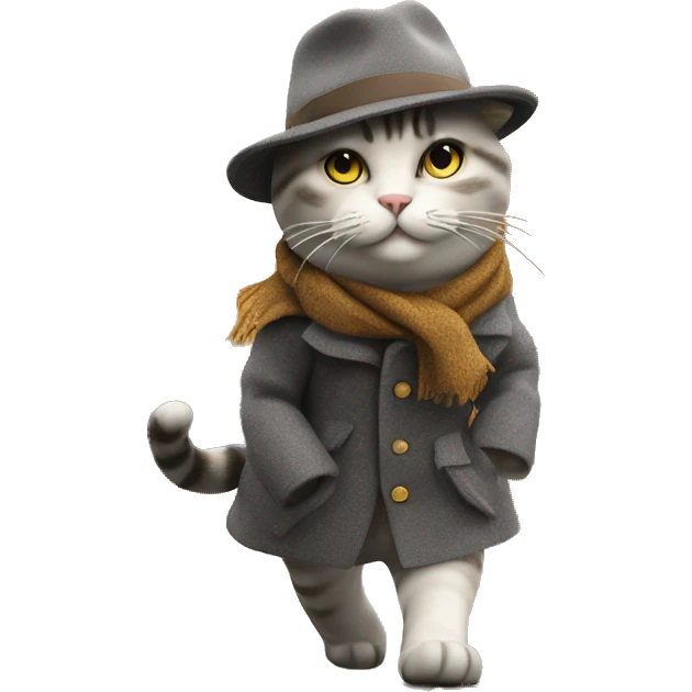 A stylish cat walking on two legs, wearing a wool coat and a hat, on a city street covered in golden autumn leaves, overcast sky, cozy autumn atmosphere, highly detailed, cinematic lighting, ultra-realistic, fashionable cat, street style emoji