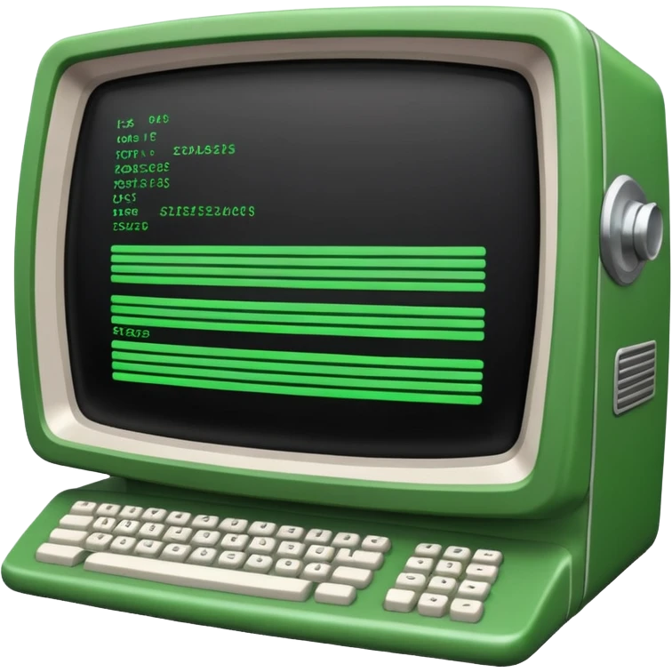 mac os icon code computer retro terminal, black, green white, full code lines on the screen emoji