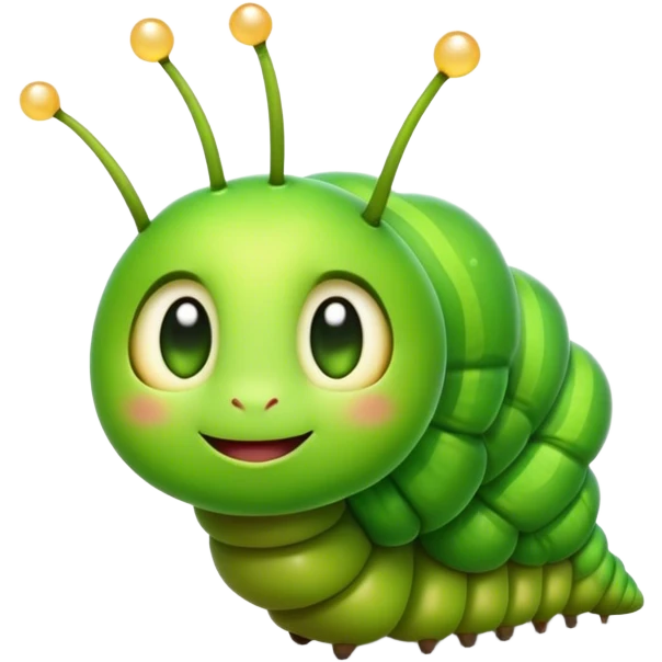 Cinematic Realistic Cute Caterpillar Portrait Emoji, Head tilted playfully and inquisitively, featuring a compact, segmented body in bright, vibrant green with delicate, inviting textures and a charming, rounded face with sparkling eyes full of curiosity, rendered with lifelike detail and natural highlights, high shine, affectionate and spirited, styled with a touch of garden whimsy, soft glowing outline, capturing the essence of a mischievous yet lovable caterpillar that seems poised to crawl cheerfully into your arms! emoji