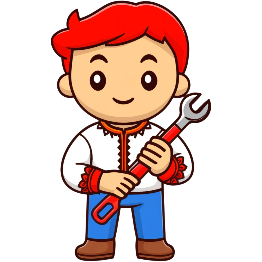 Ukrainian craftsman wearing traditional embroidered vyshyvanka shirt holding a spanner wrench and red scissors emoji
