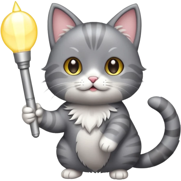 chibi cute gray cat holding a light stick happily emoji