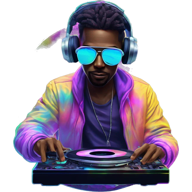 A dj wearing sunglasses playing music holding a cd record record, vinyl, oilslick holographic blacklight inverted graffiti dark dull emoji