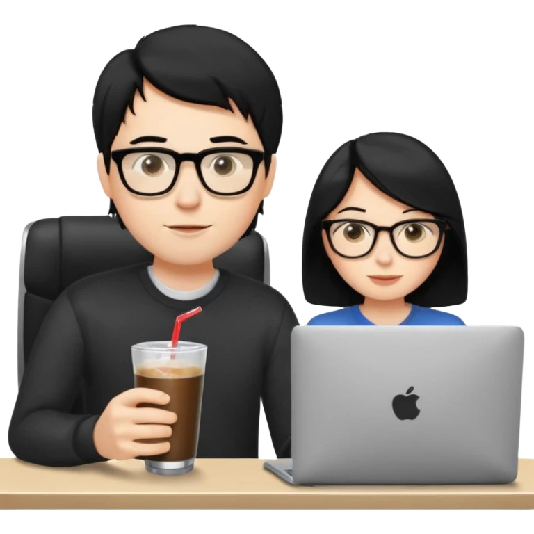 Hombre blanco con gafas, pelo negro tomando un refresco frente a un ordenador con ropa de sport,  y se ve en la pantalla del ordenador una mujer rubia tomando café emoji