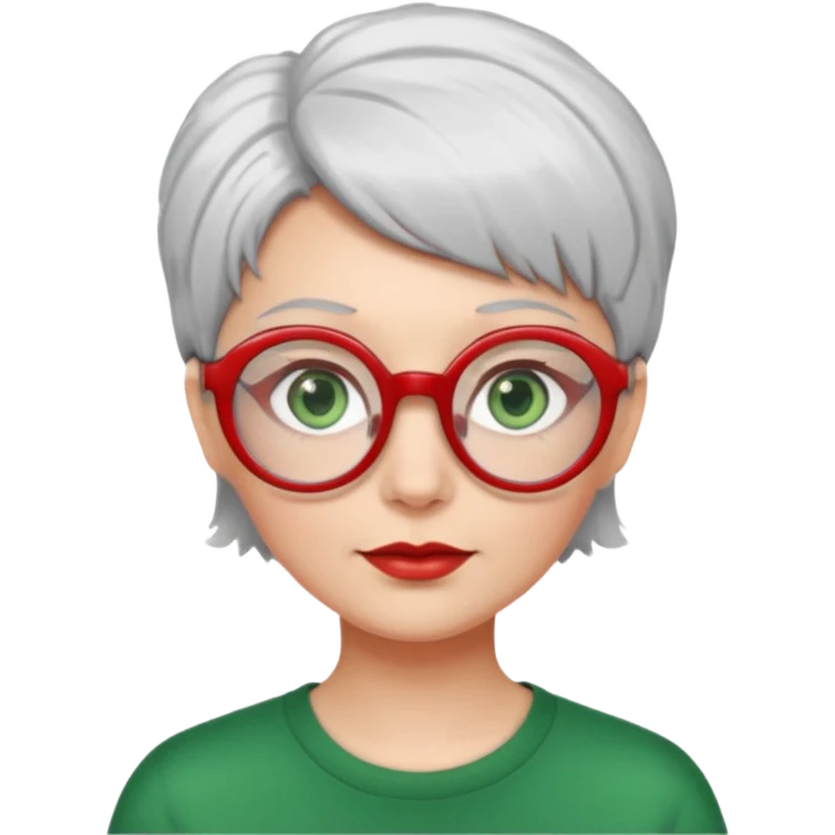 visage femme a lunettes pas épaisse ronde rouge avec cheveux courts gris-blancs aux yeux verts emoji