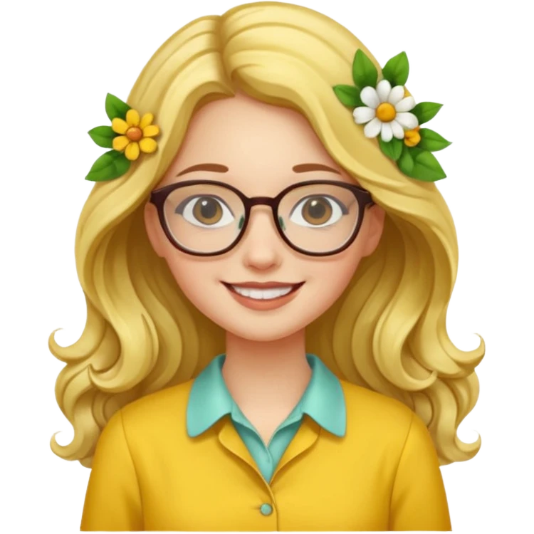 girl with a yellow blouse with flowers, with hair long hair in waves with glasses smiling emoji