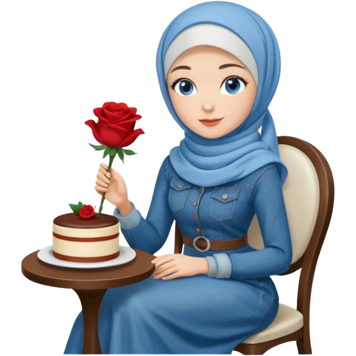 Turkish beautiful finish Konya girl blue eyes with denim hijab long tail dress and sits on the modernized coffee house on a white chair and holds rose cake with her hand  emoji
