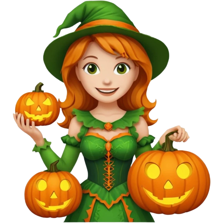 Woman Hunter With Jack o Lantern, wearing green costume emoji