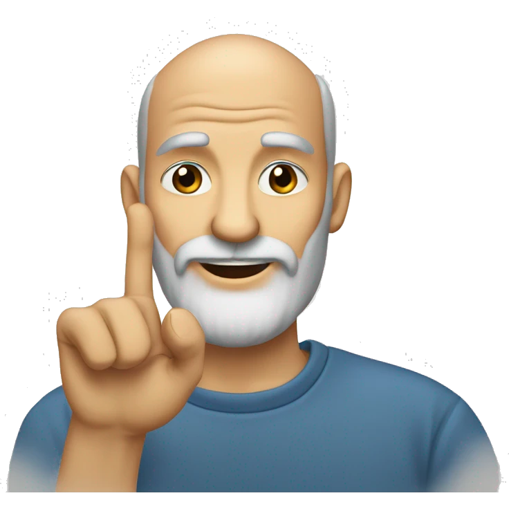 "A 50-year-old bald man with a graying beard. He is smiling and has his index finger resting on his lower lip as if he is deep in thought." emoji