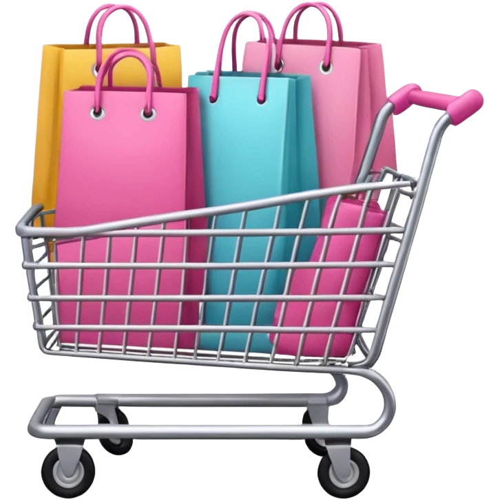 Carrinho na cor rosa cheio de compras femininas, com diversas maquiagens, roupas  emoji