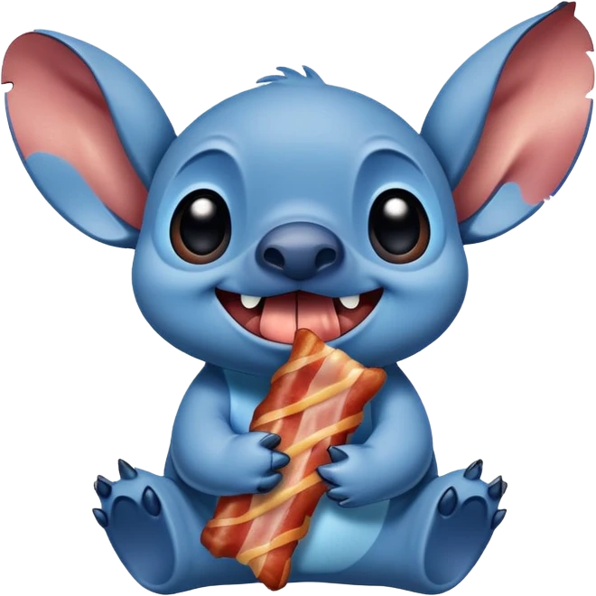 happy Stitch holding a bacon strip emoji