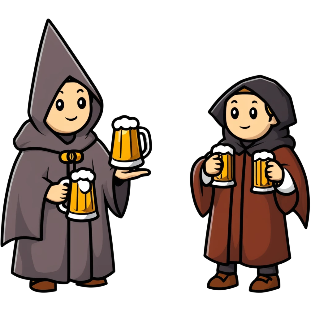 group of medieval pilgrims with cloaks and beer bottles emoji