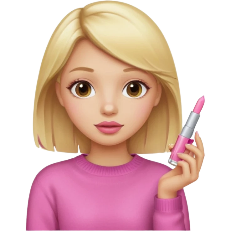 A blonde haired girl with a pink sweater and holding a lip gloss emoji