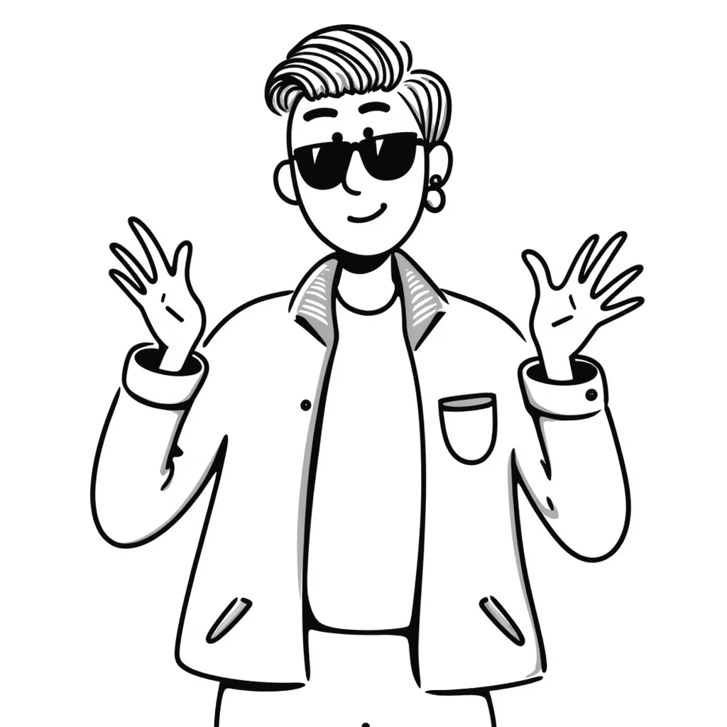 A 30-year-old Latino male with a piercing in one ear, wearing sunglasses, with short David Beckham style haircut, shrugging his shoulders with raised hands in a carefree "whatever, I'm good" gesture. He's smiling confidently while wearing a t-shirt with a light jacket emoji