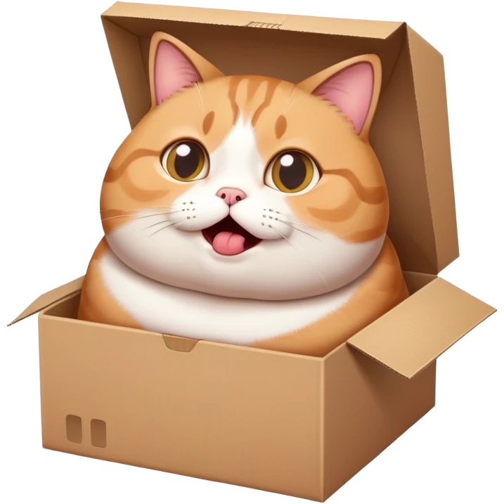 Adorable fat cat stuck in a small box with surprised expression emoji