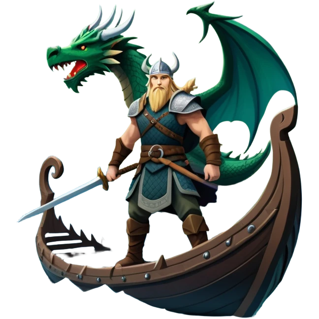 An icon representing an adventure game, inspired by Norse mythology. The design features a fierce Viking warrior standing at the prow of a dragon-headed longship, sailing through icy waters. Snow-capped mountains loom in the distance as the northern lights dance overhead, evoking a sense of conquest, mystery, and legend. Transparent background. emoji