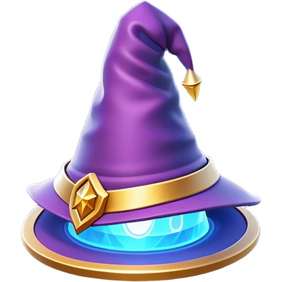 Clash of Clans aesthetic: Cinematic Playful Wizard's Hat Emoji, rendered in a 3D vector-style similar to standard emojis with minimal shading and bold, simplified shapes. A compact, isometric pointy hat with a wide brim adorned with mystical symbols and subtle enchanted shimmer, softly glowing with a magical whimsical charm. Simplified yet unmistakably iconic, highly detailed and consistent, glowing with a soft radiant glow and high shine. Stylized with a touch of classic sorcery and a soft glowing outline, capturing the essence of a legendary wizard’s hat with a friendly, playful manner! emoji