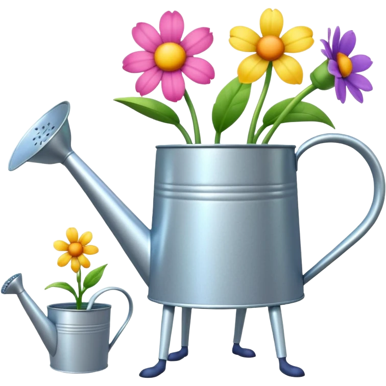 give me a watering can with legs. anthropomorphise the can. have the can watering 3 plants on the grown (flowers) emoji