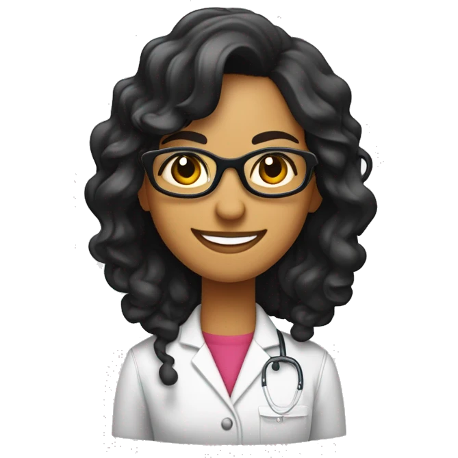 científica, morena de cabello negro ondulado recogido con una cola, con lentes, sonriente, con bata de laboratorio blanca emoji