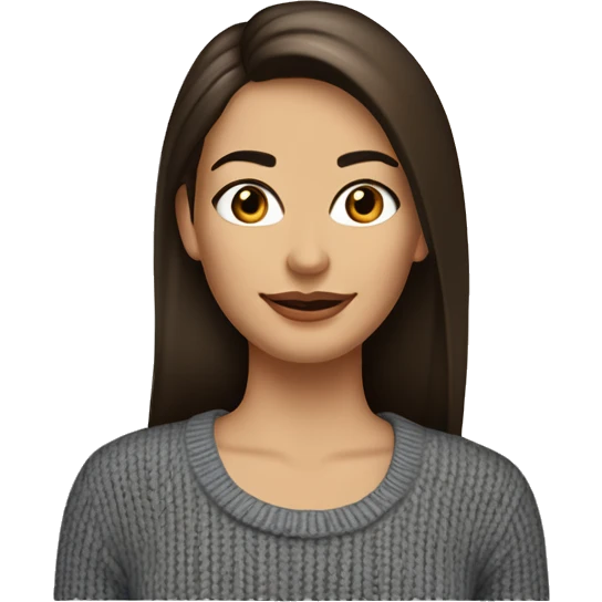 dark haired woman with highlights and long hair, brown eyes, nose same with from top to bottom. Thick eyebrows, brown kind eyes, high cheekbones and medium sized mouth with straight white teeth. Slim figure wearing a knit sweater, earrings and jeans emoji