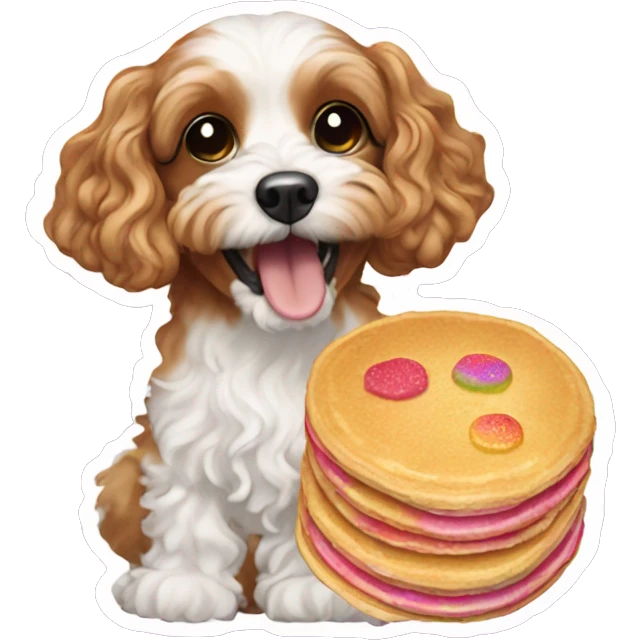Cavapoo dog eating rainbow pancakes emoji