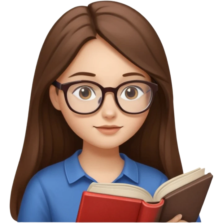 clean beautiful girl long brown hair, wear glasses, reading a book emoji