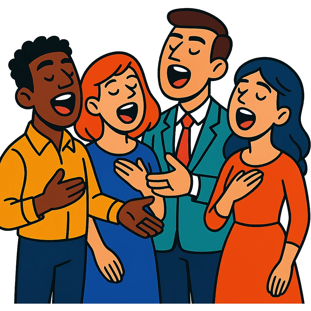 acappella group singing together, cartoon style, vibrant toon style emoji