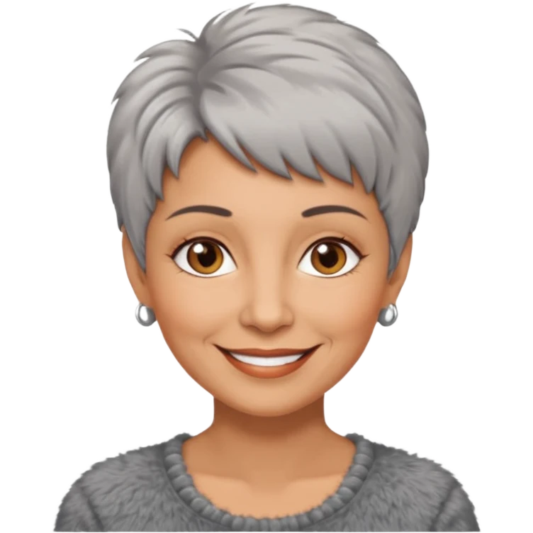 woman 50 years old, short grey fluffy cut hair, tannes skin and brown eyes emoji