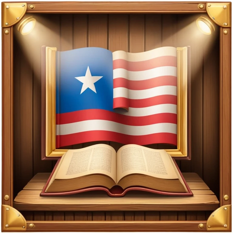 Historic book with theatre stage opening on cover, Puerto Rican flag visible on stage backdrop, wooden frame elements, glowing with warm light suggesting immortality of cultural heritage emoji