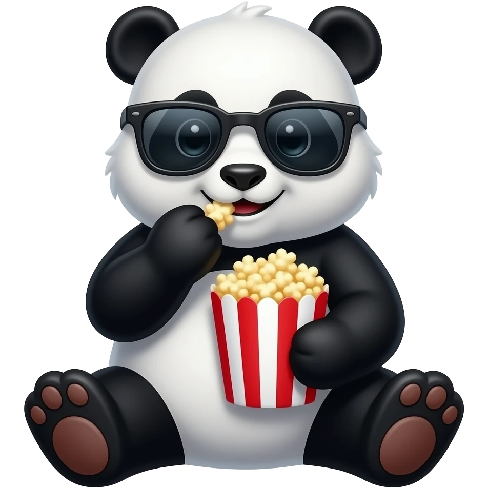 Panda sitting down wearing sunglasses eating a bag of popcorn emoji