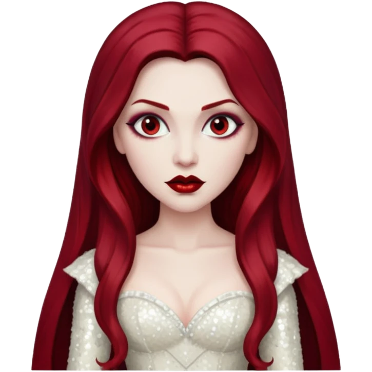 Bride of Dracula with long dark red hair, ivory sequin outfit emoji